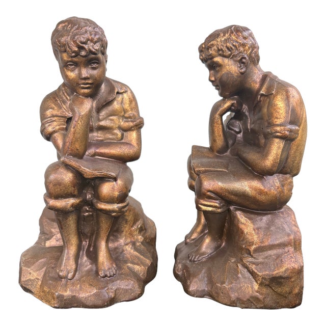 Vintage Bronze-Tone Seated Boy Figural Bookends, Art Deco Style, C. 1920s–1930s (Pair) For Sale