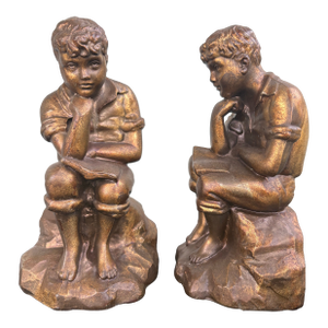 Vintage Bronze-Tone Seated Boy Figural Bookends, Art Deco Style, C. 1920s–1930s (Pair)