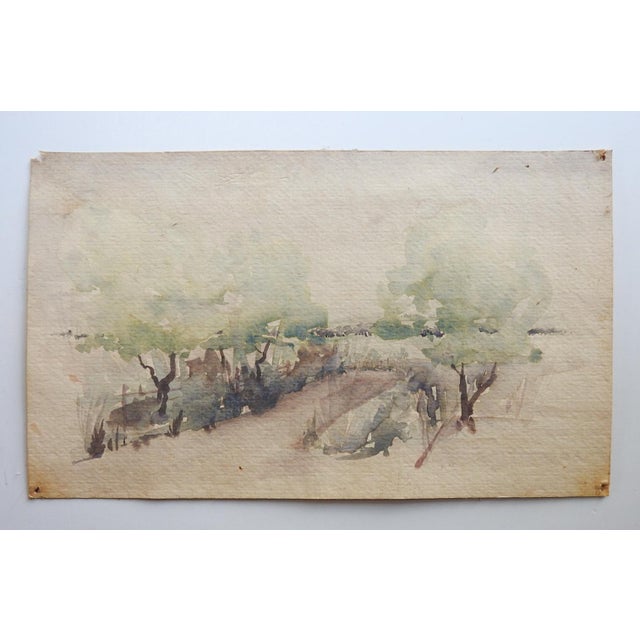 French Small Mid 20th Century Impressionist Watercolor Landscape Painting For Sale - Image 3 of 3