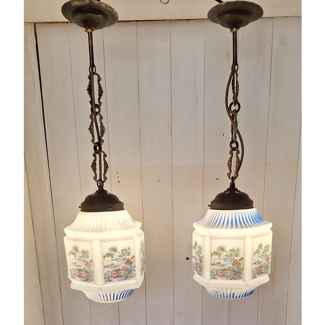 Antique German Art Nouveau Pendants with Opaque White Glass Shades, Japanese Motifs and Brass Mounts, 1900s, Set of 2 For Sale - Image 9 of 9