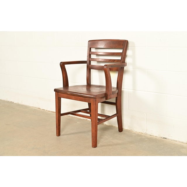 Heywood-Wakefield Antique Arts & Crafts Carved Walnut Banker's Chair, Circa 1920s For Sale - Image 4 of 12