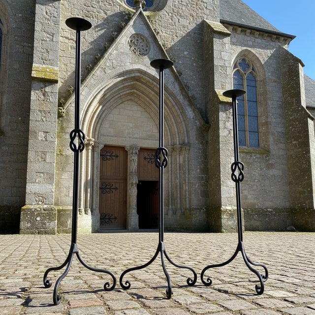 2020s Hand Forged Iron Candelabra Set of 3 (78-98cm) Antique Copper Double Stem with Hercules Knot Detail For Sale - Image 5 of 9