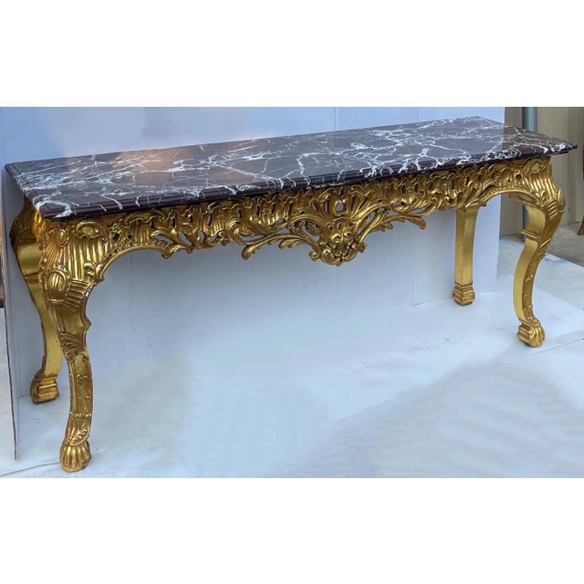 Mid 20th Century Italian Rococo Style Carved Giltwood Rouge Marble Top Console Table For Sale - Image 5 of 9