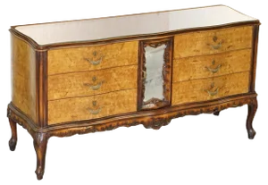 Vintage Italian Burr Walnut Sideboard with Mirrored Top & Serpentine Front