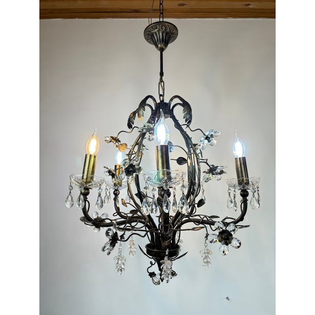 Large Vintage 1990s Wrought Iron Floral Chandelier With Crystal Flowers & Grape Details For Sale - Image 4 of 18