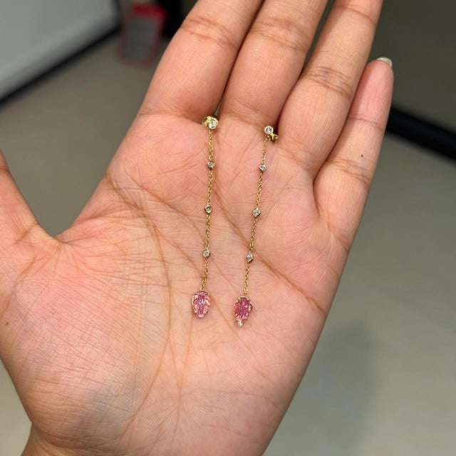 Contemporary Carved Leaf Pink Tourmaline & Diamond Chain Drop Earrings in 14k Yellow Gold- A Pair For Sale - Image 3 of 12