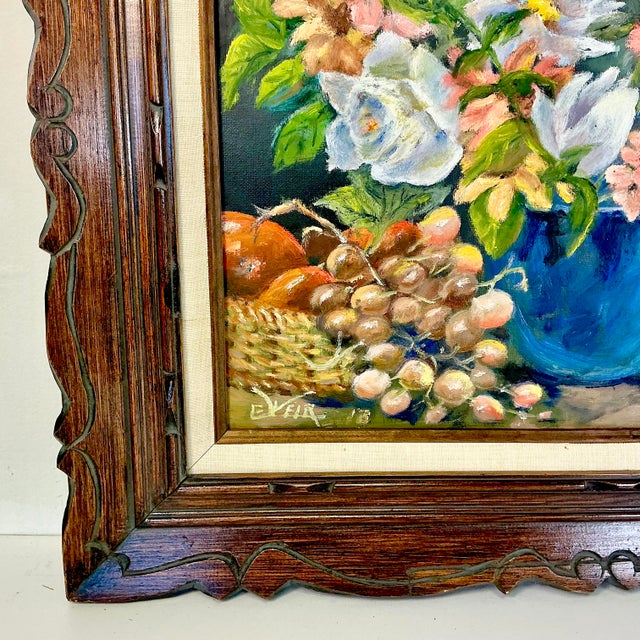 Wood 1960s Original Oil Painting Impressionist Blue Vase Still Life by Edith Weir. For Sale - Image 7 of 11