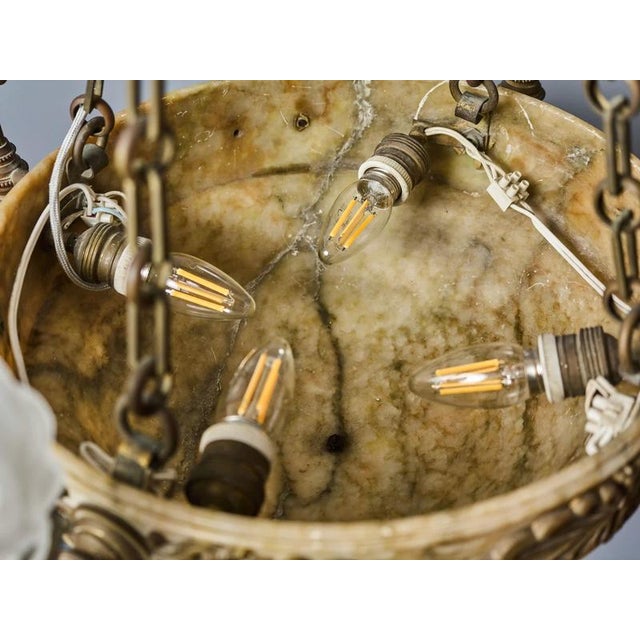 Representative Bronze Chandelier with Alabaster Bowl and Flamed Shades For Sale - Image 9 of 11