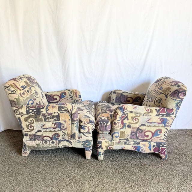 Textile Postmodern Multi Colored Abstract Pattern Lounge Chairs - A Pair For Sale - Image 7 of 7