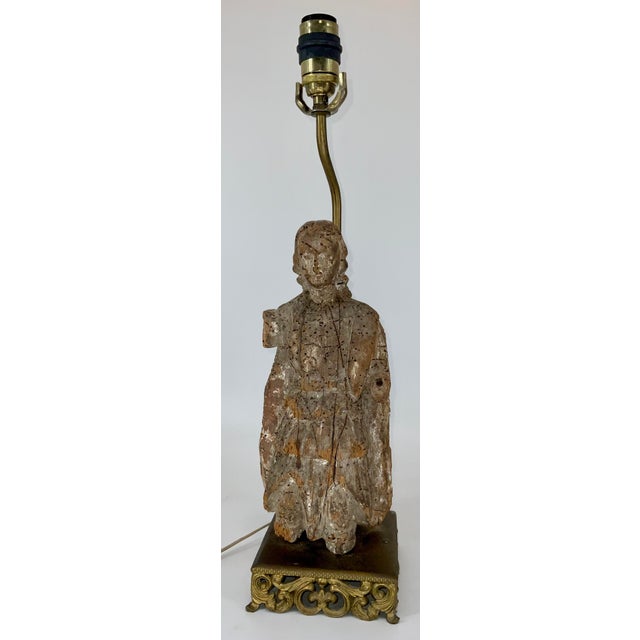 Figurative 18th Century European Polychrome Carving Figure Mounted as a Lamp For Sale - Image 3 of 11