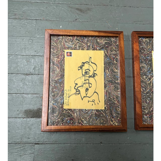 Set of two contemporary original Wayne Cunningham abstract marker drawings on vintage envelopes laid down on vintage...