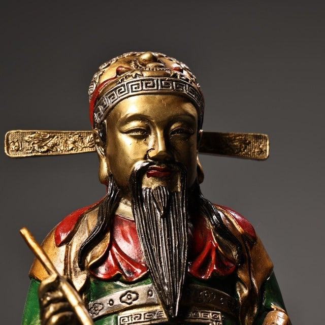 Late 19th Century Polychrome Bronze Wenchang Dijun Statue, Taoist Deity, 3.6kg For Sale - Image 4 of 9