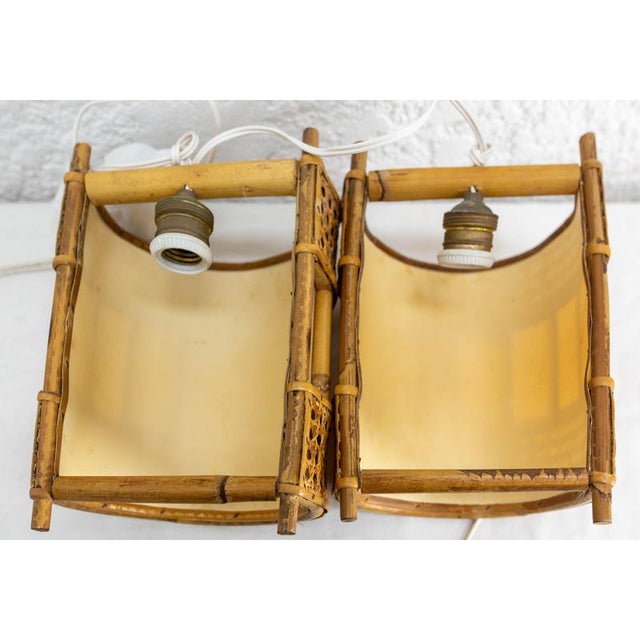 Cane Rattan & Fabric Sconces in the style of Louis Sognot, 1960s, Set of 2 For Sale - Image 10 of 11
