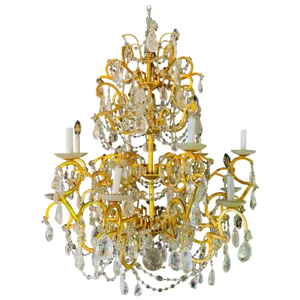 12 Light Gilt Metal Rock Crystal Chandelier. Hollywood Regency in Style