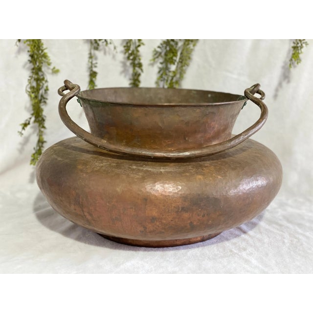 Rustic Hand Crafted Antique Copper Cauldron: Hand Hammered Firewood Bucket Green Patina Worn For Sale - Image 3 of 10