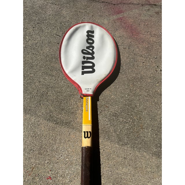 Yellow Collection of Vintage Wooden Wilson Tennis Rackets With Cover and Blue and Yellow Accents For Sale - Image 8 of 9