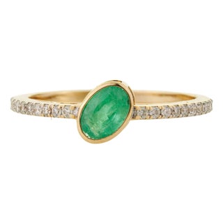 Bezel Set Emerald & Diamond East-West Ring in 14k Yellow Gold Size 8 For Sale