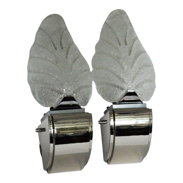1990s Lightolier Scalini Art Deco Modern Chrome Glass Leaf Shade Wall Sconces - a Pair For Sale