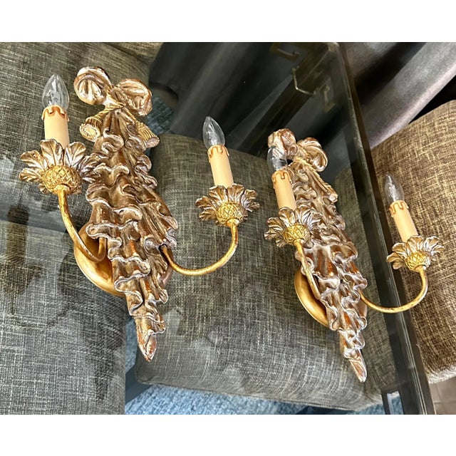Traditional Pair Italian Neo Classic Carved Ribbon Draped Wall Sconces For Sale - Image 3 of 12