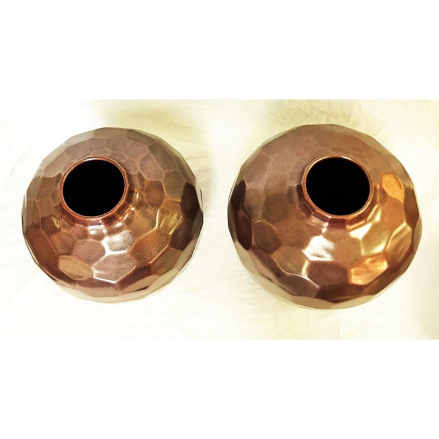 Early 21st Century Large Geometric Honeycomb Style Ceramic Vases With Copper Glaze- a Pair For Sale - Image 5 of 9
