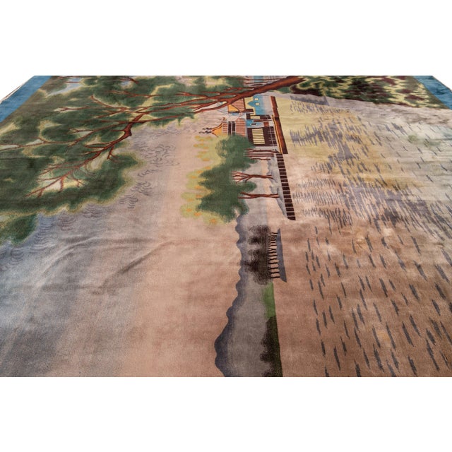 Blue Antique Chinese Art Deco Blue Handmade Pictorial Oversize Wool Rug For Sale - Image 8 of 11
