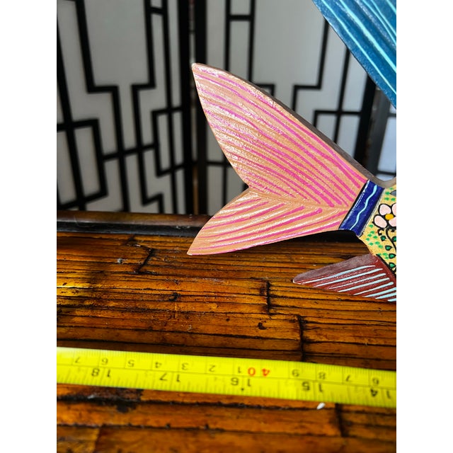1970s Hand Painted Folk Art Wedding Scene on Wooden Fish Art Piece For Sale - Image 12 of 12