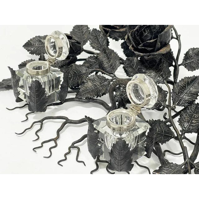 Large Wrought Iron Inkwell of Branches with Roses, 1910s For Sale - Image 4 of 11