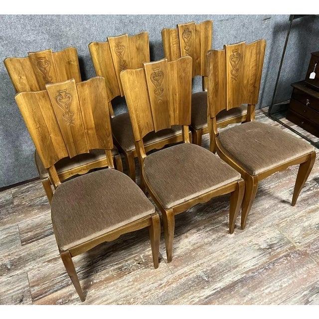 Vintage Art Deco Walnut Chairs with Fan-Shaped Backs, 1930, Set of 6 For Sale - Image 4 of 7