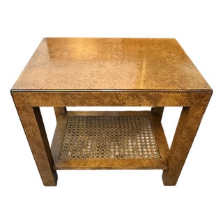 1970’s John Widdicomb Burlwood Side Table With Cane Shelf For Sale