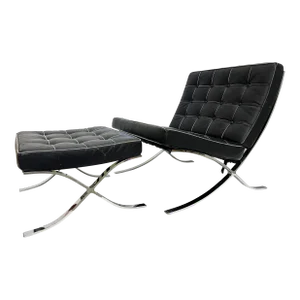 Vintage Chair and Ottoman Set in Mies Van Der Rohe Barcelona Chair Style- Set of 2
