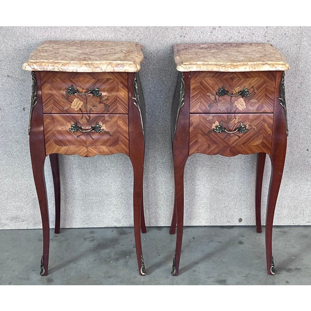 Antique Louis XV French Marquetry Marble Top Nightstands, Set of 2 For Sale - Image 11 of 11