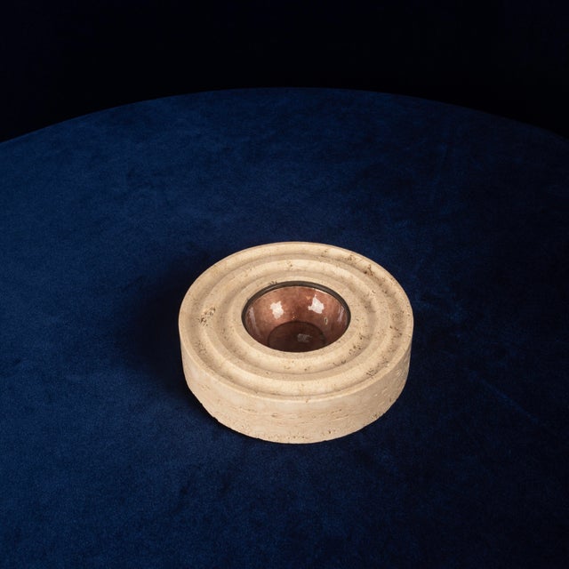 Italian Round Travertine and Copper-Toned Metal Ashtray, 1970 For Sale - Image 14 of 18