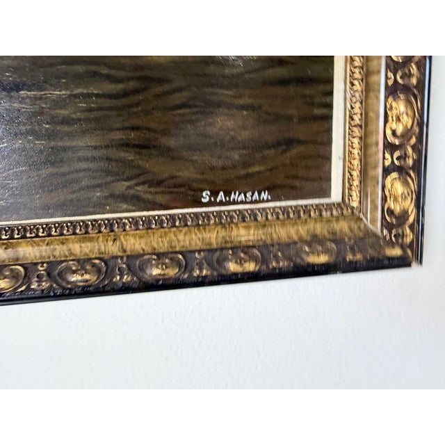 Olive 1980s Vintage S. A. Hasan Ocean Boats Seascape Oil on Masonite Painting, Framed For Sale - Image 8 of 11