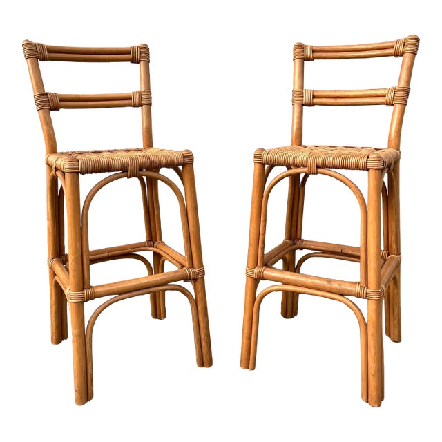 Pair of Coastal Style Rattan Bar Stools, Circa 1970s For Sale