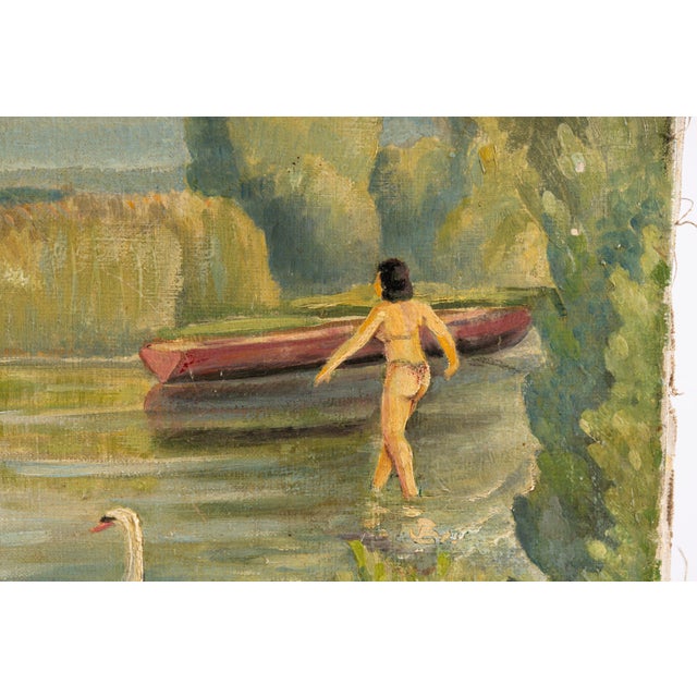 Jules Gaillepand, Lakeside Scene with Nude Figure Swans and Sailboat, 1920s, Oil on Canvas For Sale - Image 8 of 16