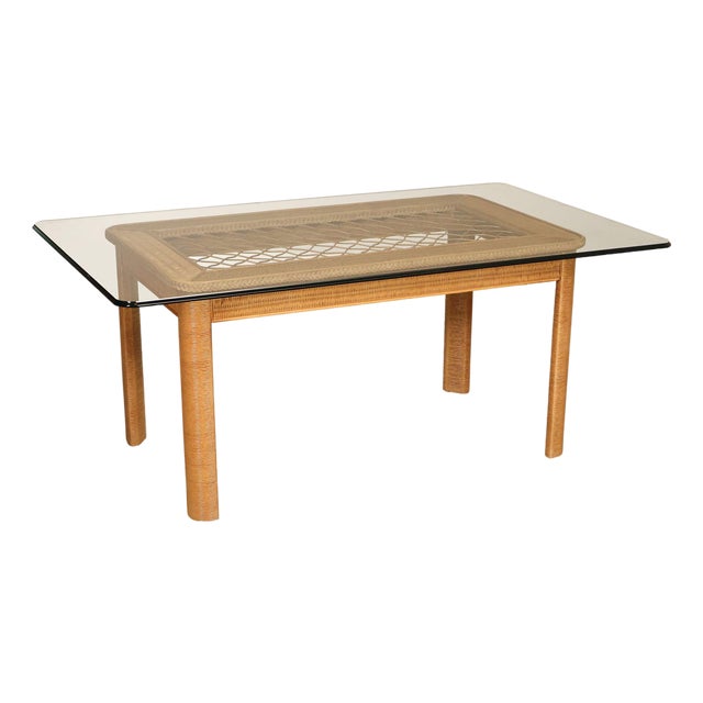 Lexington Henry Link Glass Top Wicker Dining Table For Sale