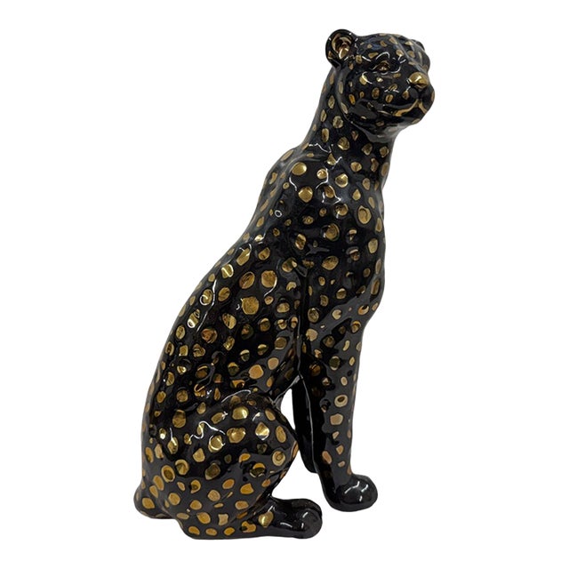 Contemporary Art Deco Style Seated Black and Gold Ceramic Leopard Sculpture For Sale