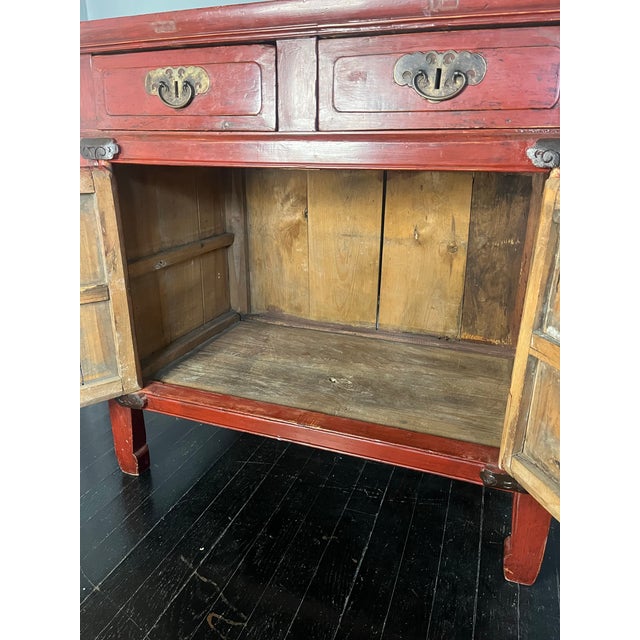 Late Qing Dynasty Red Lacquer Elmwood Accent Cabinet - Distressed Finish For Sale - Image 10 of 12