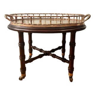 Vintage Custom Mahogany Cocktail Table With Attached Brass Faux Bamboo Gallery Tray Top For Sale