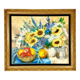 Mid-Century Impressionist Boho Chic Sunflower Still Life Original Oil Painting by American Edith Weir For Sale