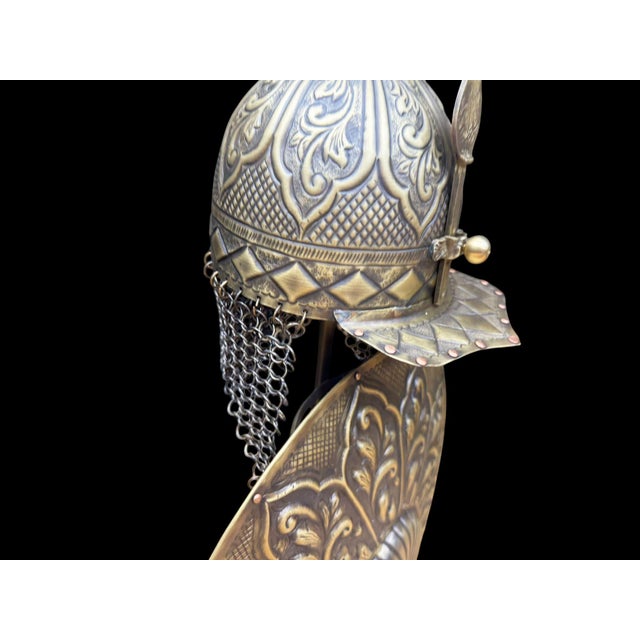 Handmade Turkish Brass Helmet and Shield Display Set For Sale - Image 4 of 9