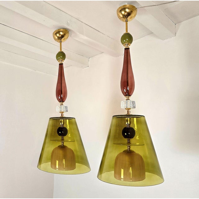 Mid-Century Modern Olive Green, Mid Century Modern, Murano Glass Pendant Lights - a Pair For Sale - Image 3 of 14