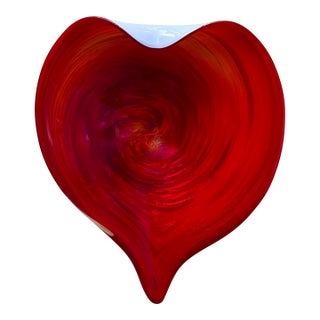 Vintage Red Murano 10” Cased Glass Heart Dish For Sale