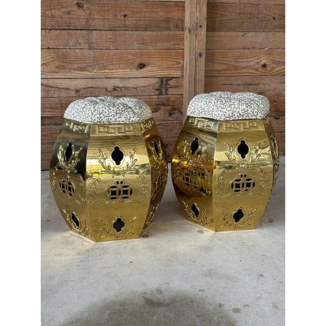 Pair Vintage Pierced Brass Chinese Garden Stools With Removable Cushions For Sale - Image 10 of 11