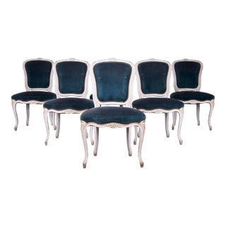 Antique French Louis XV Style Provincial Painted Dining Chairs W/ Dark Blue Velvet - Set of 6 For Sale