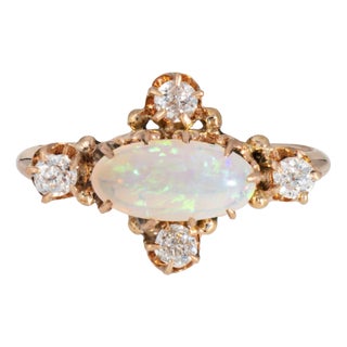Late 18th Century Antique Victorian Opal Diamond Ring Size 5 14k Yellow Gold East West Jewelry For Sale