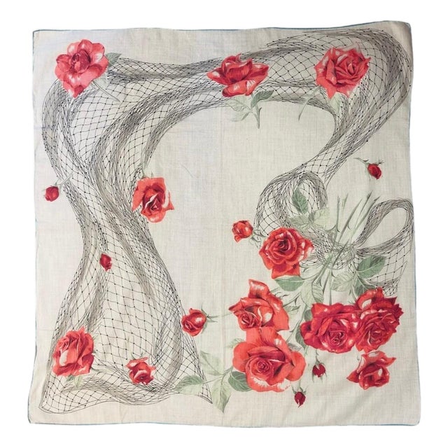 Vintage 1940s French Rose Scarf Cotton Floral Handkerchief Hand Rolled Turquoise Edge Floral Illustration Romantic Accessories For Sale