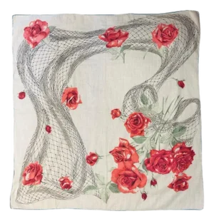 Vintage 1940s French Rose Scarf Cotton Floral Handkerchief Hand Rolled Turquoise Edge Floral Illustration Romantic Accessories