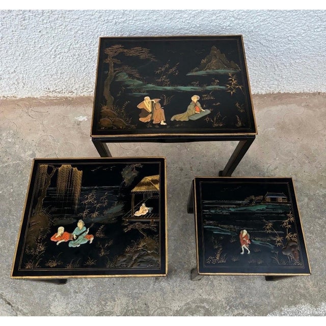 Wood 1960s Set of Three Antique Chinese Lacquered Nesting Tables For Sale - Image 7 of 11