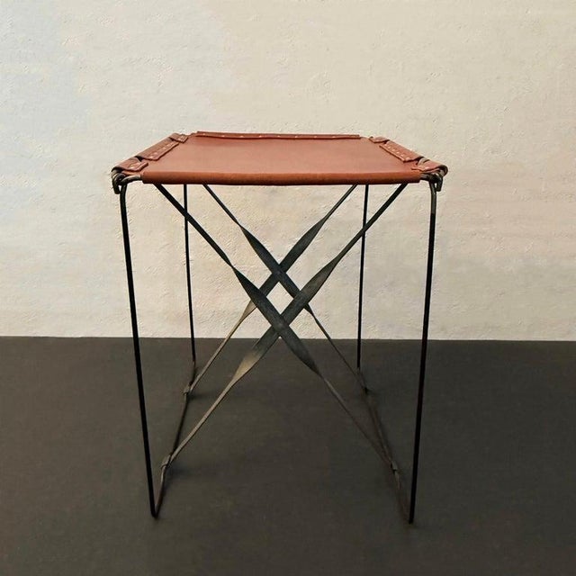 Tan 1940s Custom Industrial Steel and Leather Side Table For Sale - Image 8 of 8